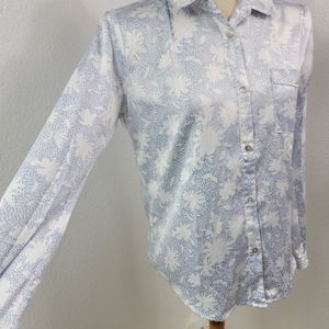 SHIMERA WHITE & BLUE ABSTRACT PALM PRINT BLOUSE